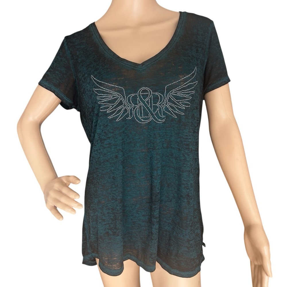 Rock & Republic Winged Rhinestone Logo Tee Burnout Sheer Green L